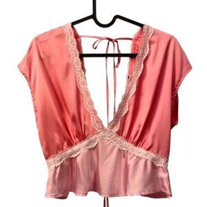 Le Lis Farrah Satin Crop Top Lace Trim Pink Size Medium